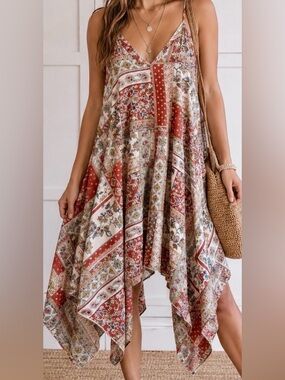 New Hopely Patchwork Paisley Handkerchief Hem Tunic Dress Boho Festival Large